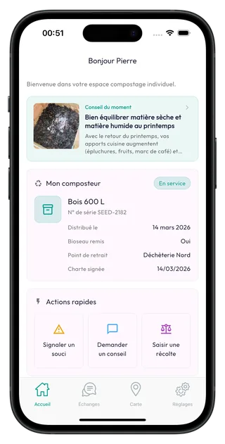Tableau de bord d'un foyer dans l'application Compost'ON